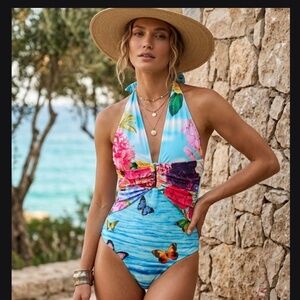 Johnny Was Costa Azul Halter One Piece Swimsuit Size S Boho Floral Butterfly